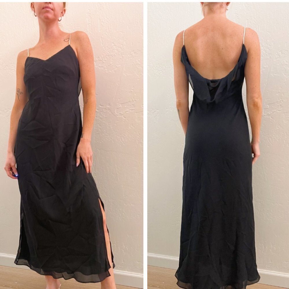 Vintage 1990s Black Chiffon Rhinestone Strap Low Back Midi Dress - Picture 3 of 7